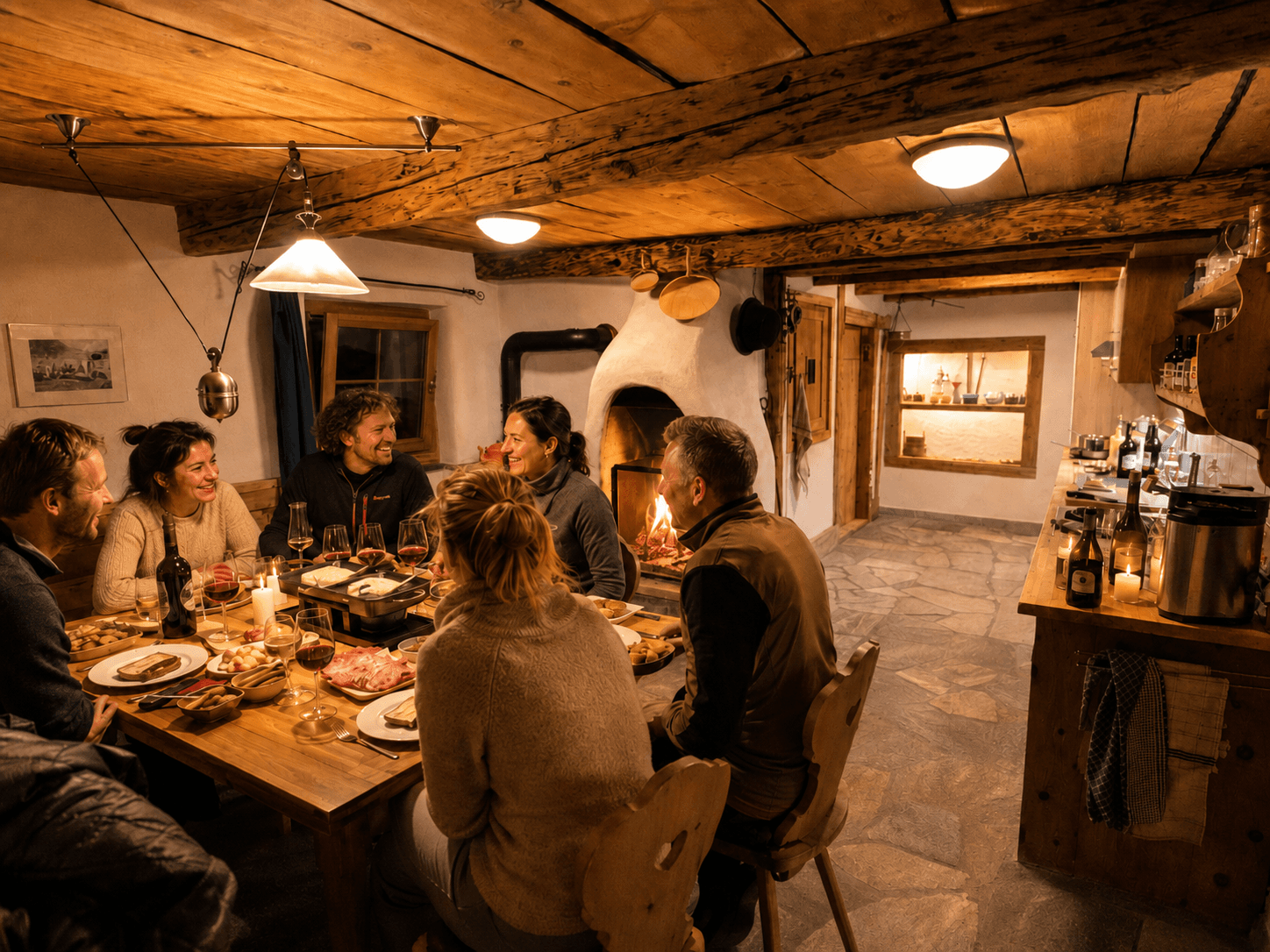 Freundesgruppe beim Raclette am rustikalen Holztisch im Maiensäss bei Kerzenlicht und Cheminée-Feuer