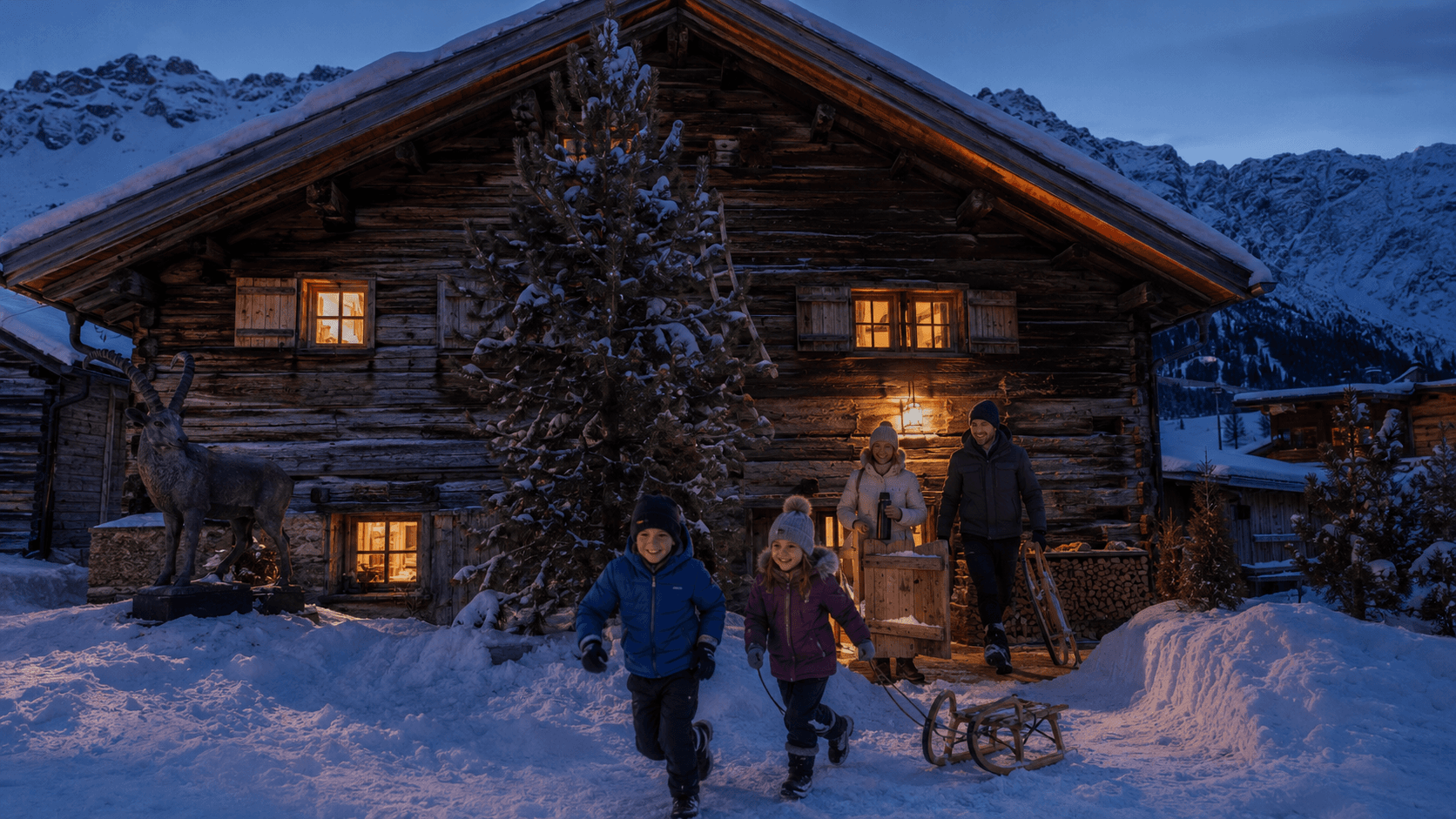 Familie im Schnee vor dem verschneiten Maiensäss in Radons